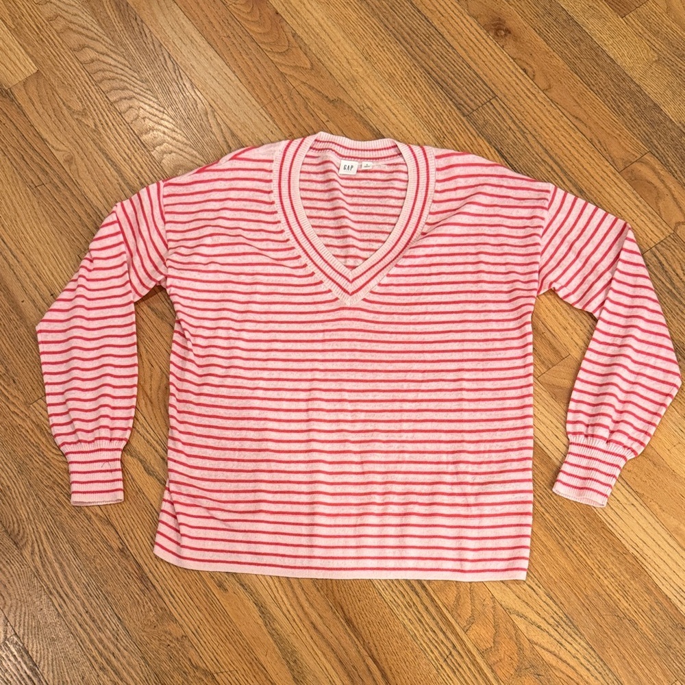 GAP Pink and Cream Striped V-Neck Sweater